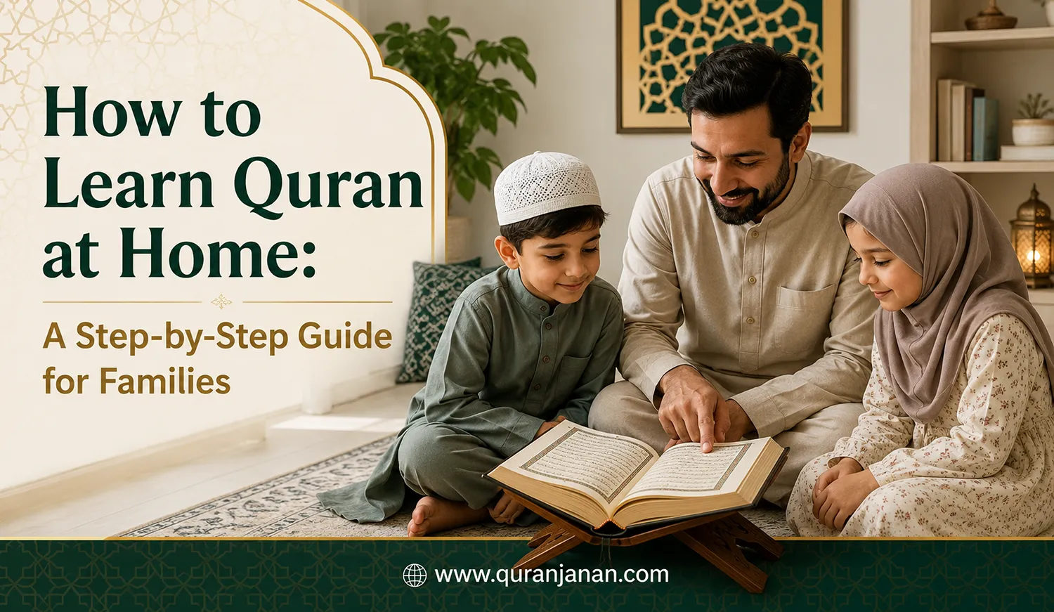 family learning Quran at home together with an open Mushaf