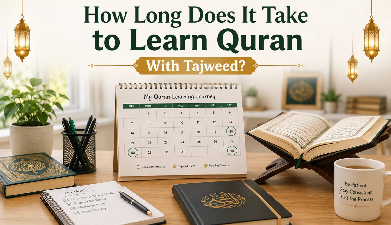 how long does it take to learn quran with tajweed shown on a progress calendar