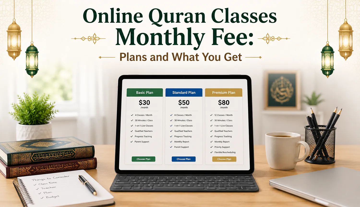 online quran classes monthly fee checklist of what each plan includes