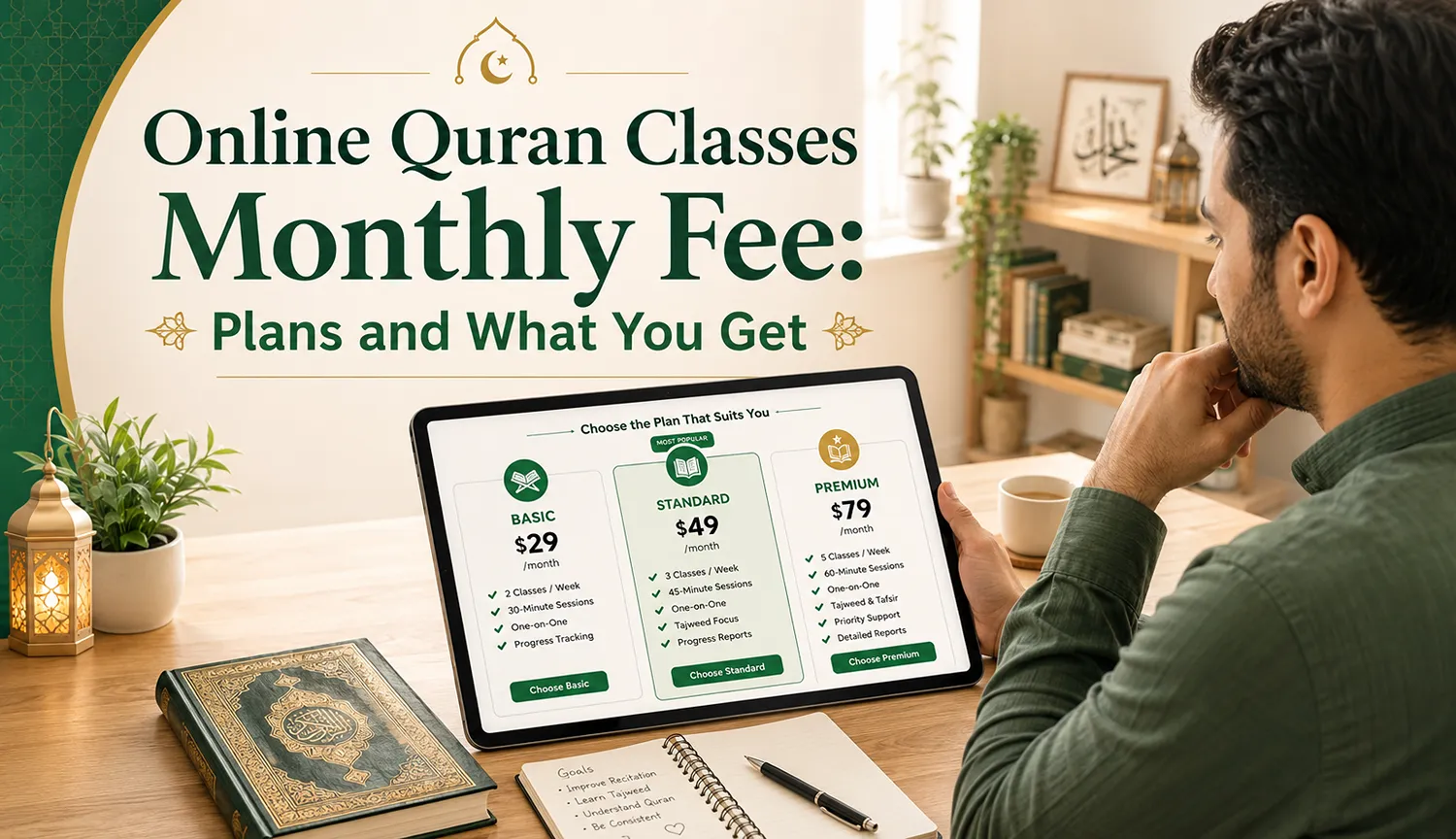 online quran classes monthly fee shown as three simple plan tiers