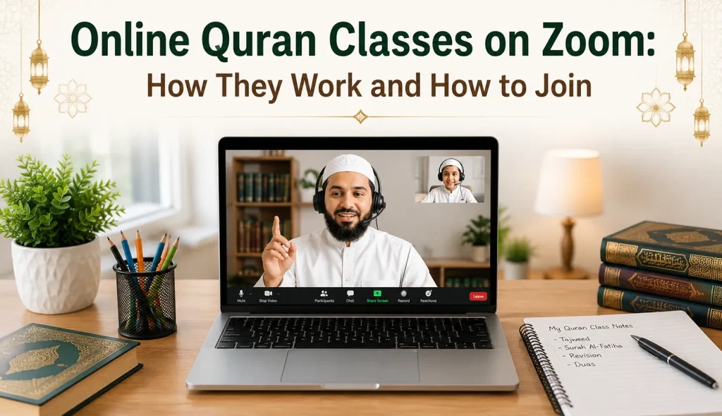 online quran classes on zoom showing a live lesson with a shared screen