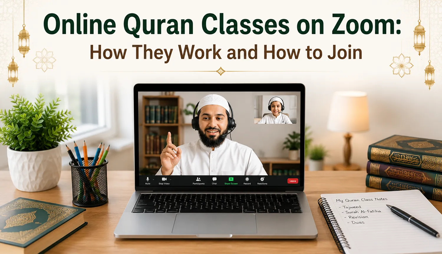 online quran classes on zoom showing a live lesson with a shared screen
