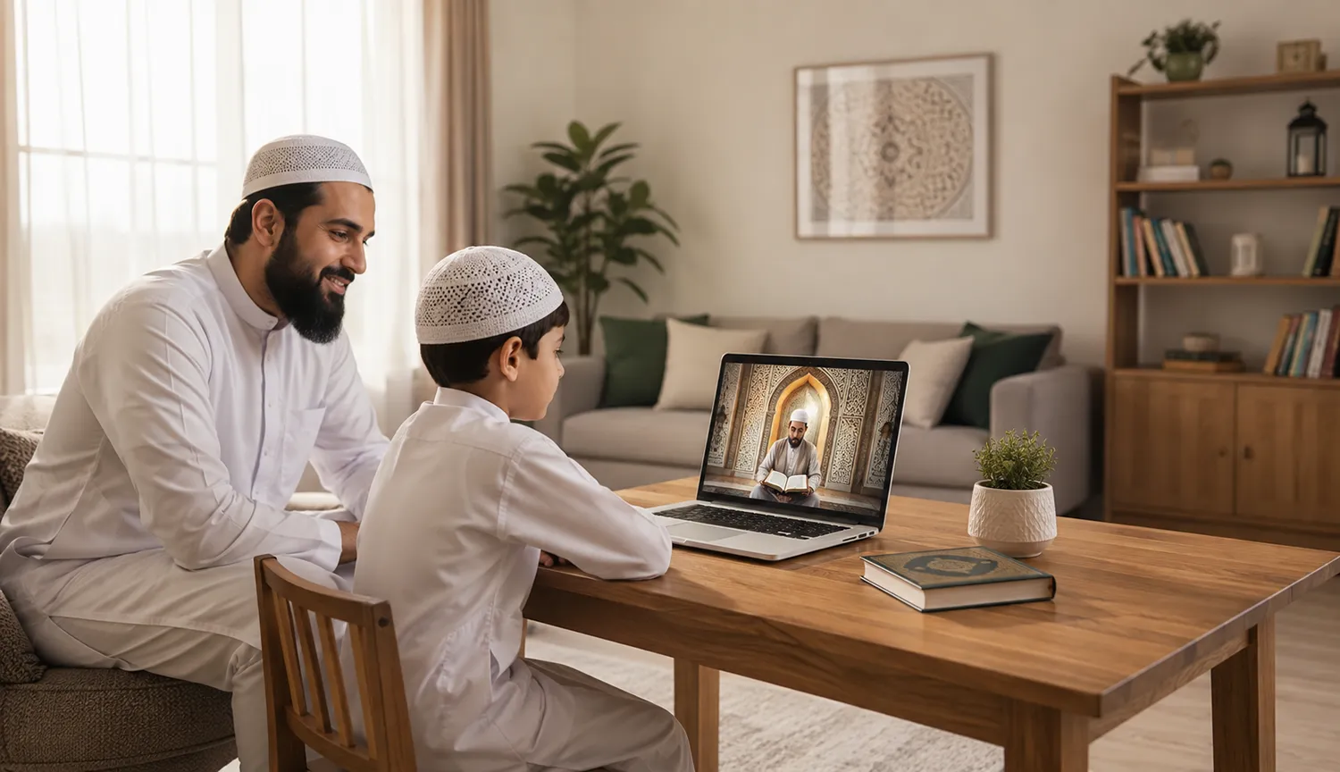 [re online quran classes safe for kids shown by a supervised child learning at home