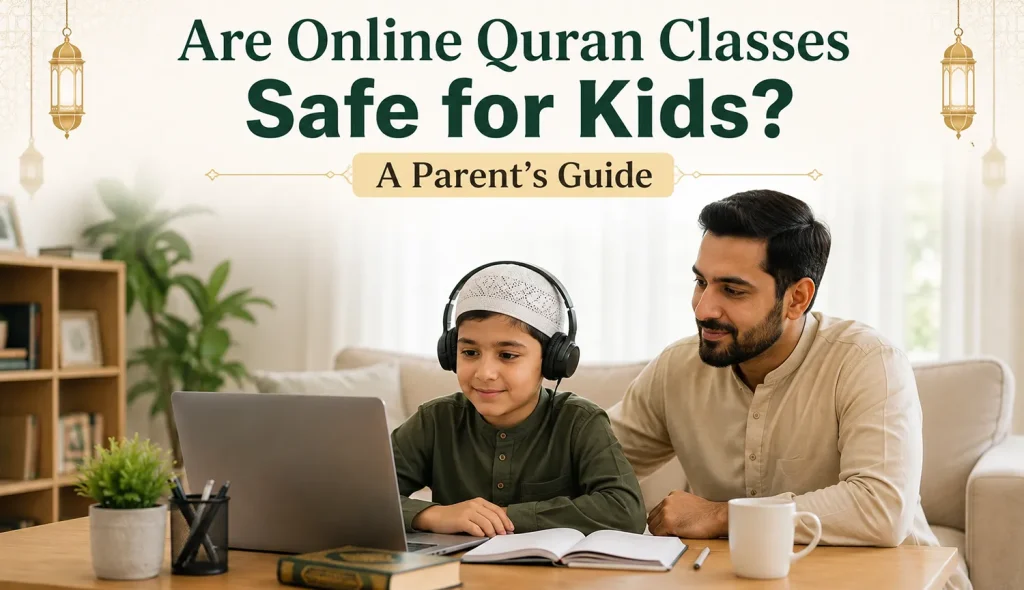 [re online quran classes safe for kids shown by a supervised child learning at home